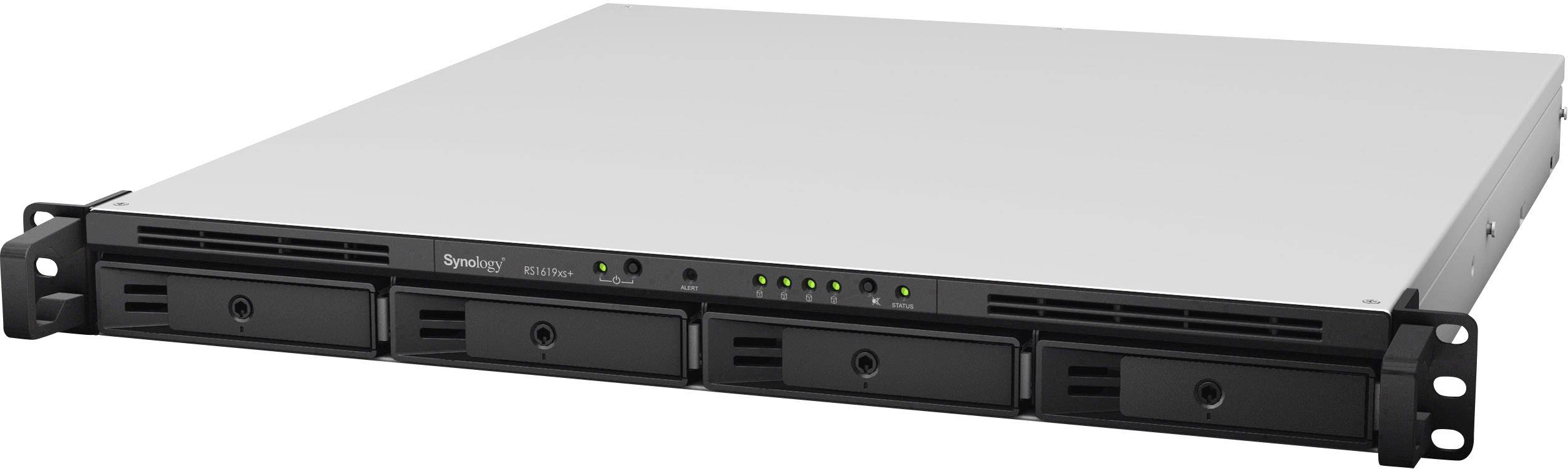 Bilden visar en platt, svart server med fyra hårddiskplatser och flera LED-indikatorer på framsidan.