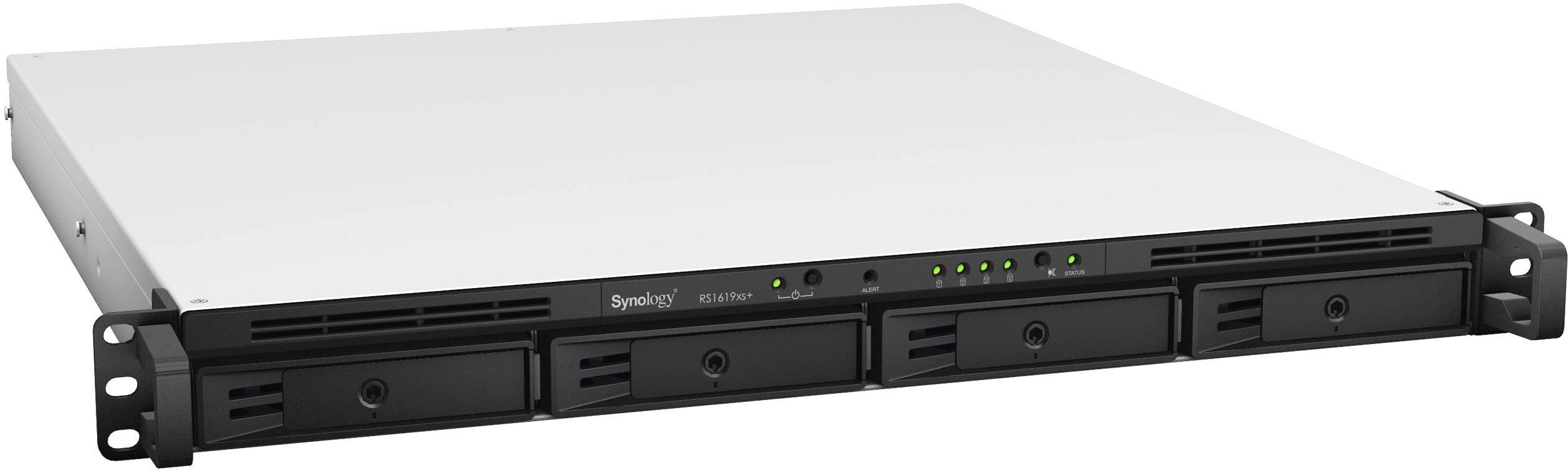 Synology RackStation-hölje med fyra hårddiskplatser och LED-indikatorer på framsidan, lämplig för datalagring.