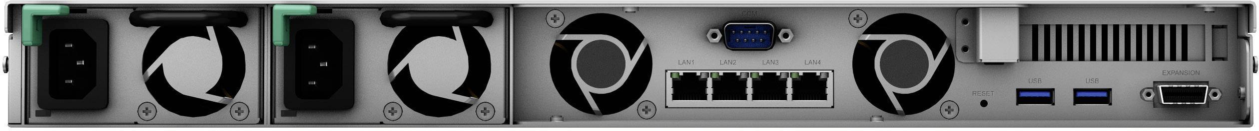 Bilden visar baksidan av en serverenhet med två strömuttag, flera fläktar, Ethernet-portar, USB-portar och en VGA-anslutning.