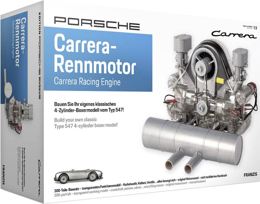 Byggsats av en Porsche Carrera tävlingsmotor, typ 547, avbildad på förpackningen. Innehåller detaljer om modellen och monteringsanvisningar.