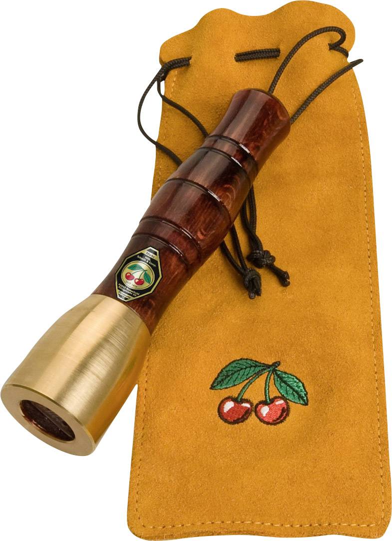 Ett brunt trähandtag med guldmetalldetalj, vilande på en gul tygpåse med körsbärsmönster och dragsnöre.