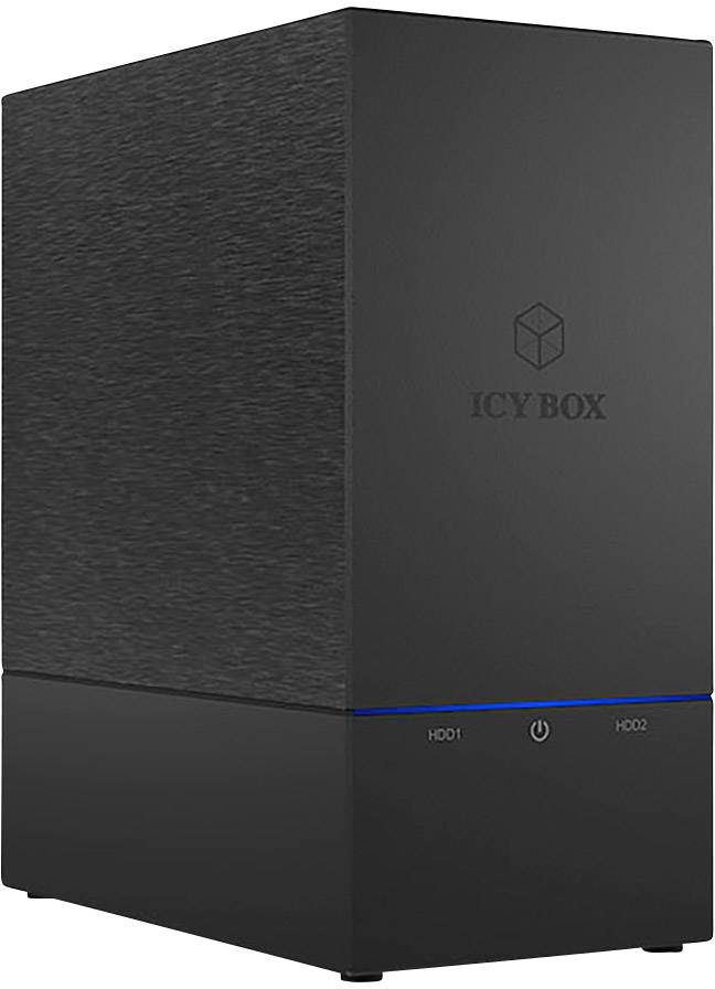 Ett svart, fristående hölje märkt 'ICY BOX', utrustat med två facka för hårddiskar (HDD1, HDD2).