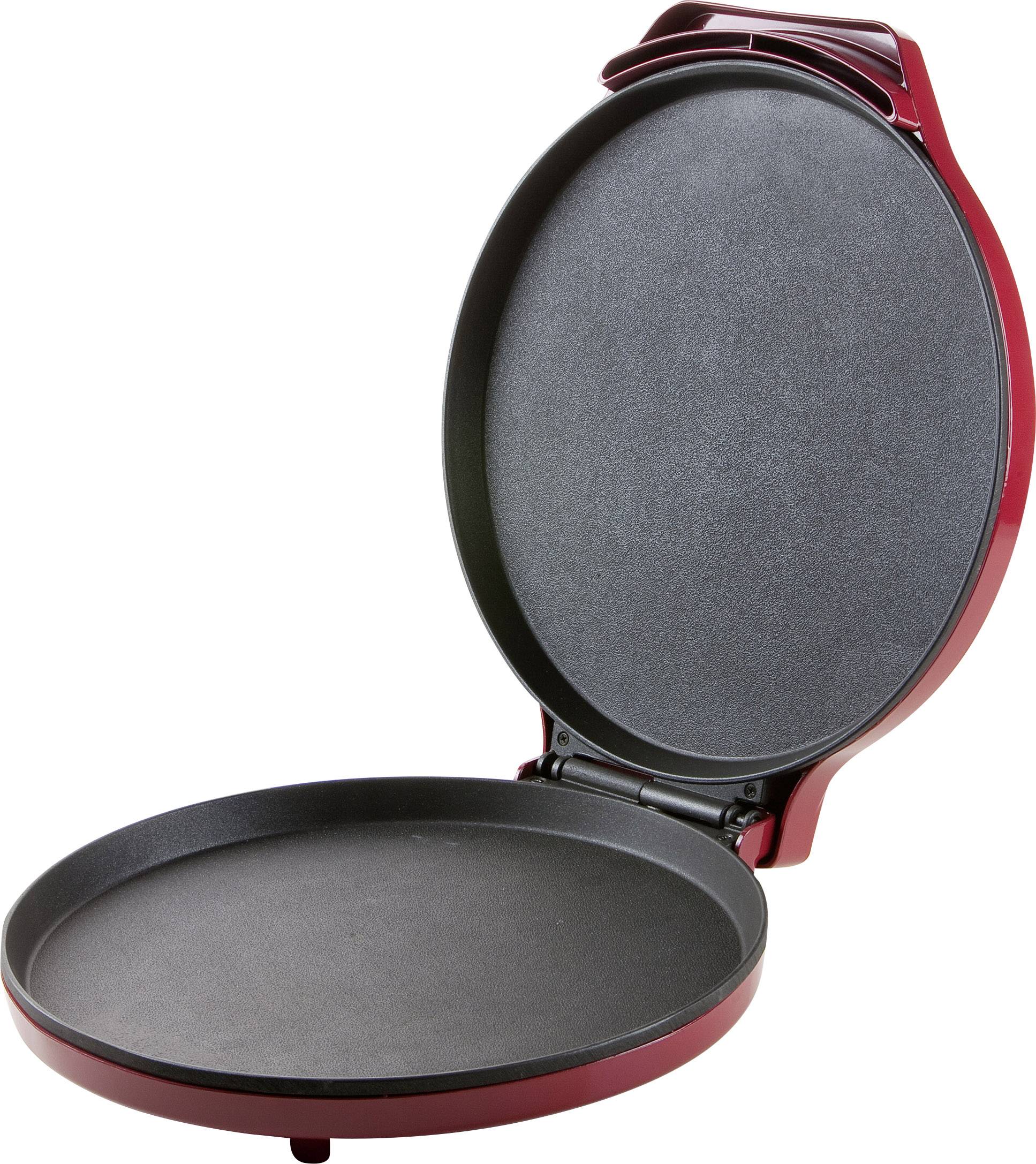 Elektrisk kreppmaskin med öppet lock, visar två jämna kokplattor. Perfekt för tillagning av pannkakor.