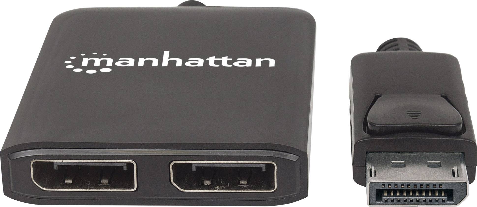 En svart adapter från 'manhattan' med två HDMI-portar och en DisplayPort-kontakt, används för att ansluta enheter.