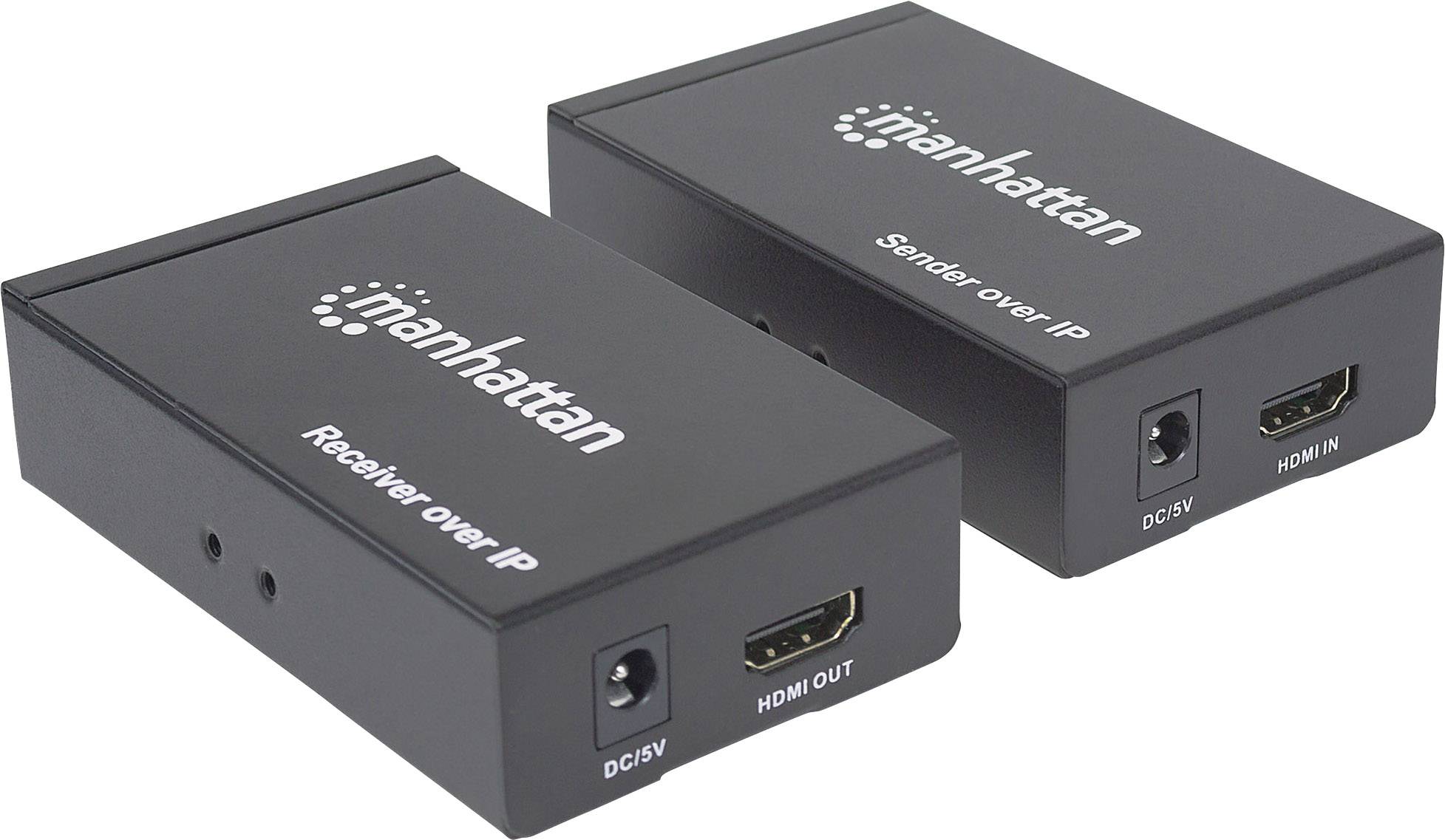 Två svarta enheter märkta 'Receiver over IP' och 'Sender over IP' från Manhattan, med HDMI- och DC5V-anslutningar.