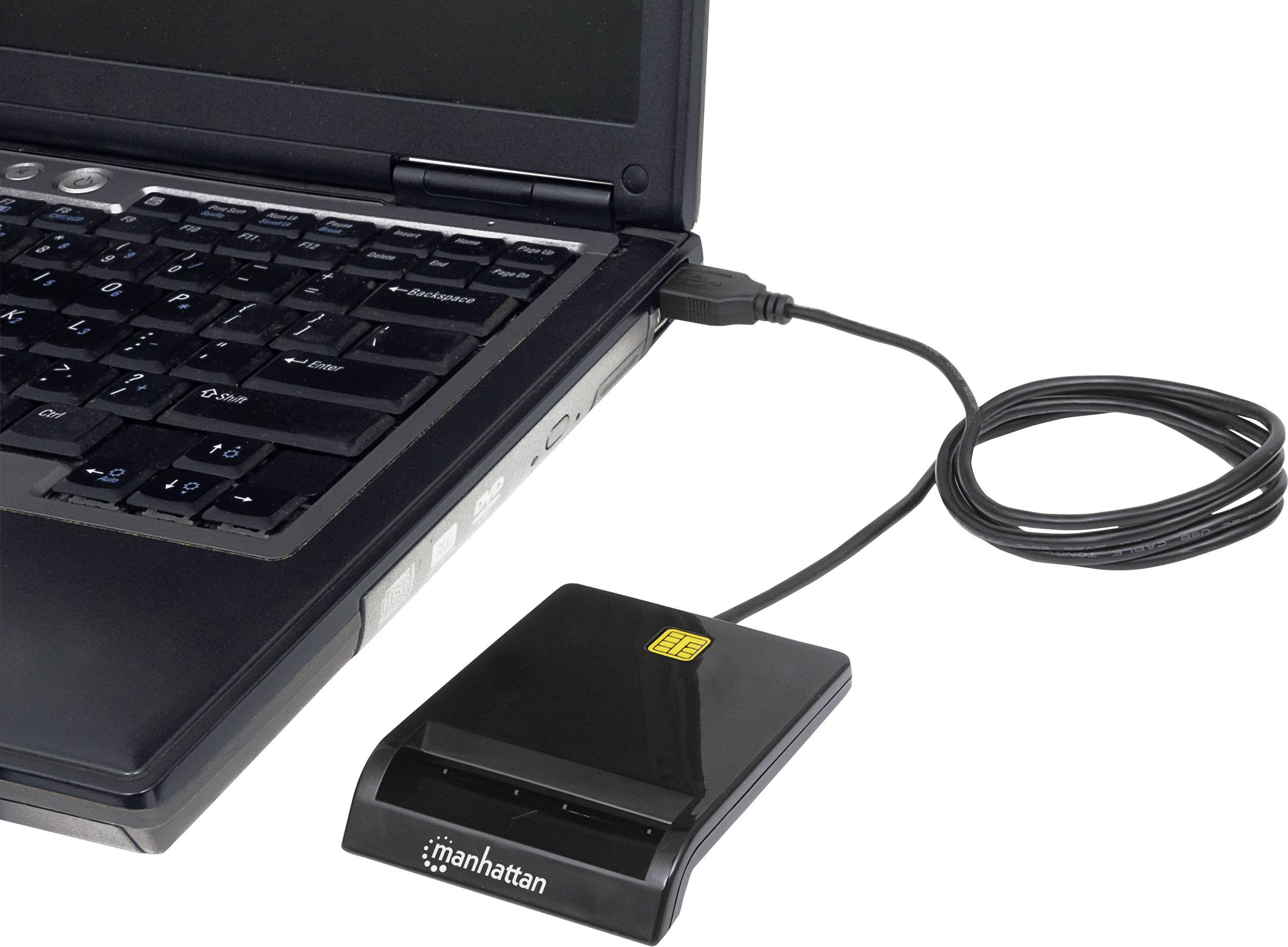 En bärbar dator är ansluten till en smartkortläsare via en USB-kabel.