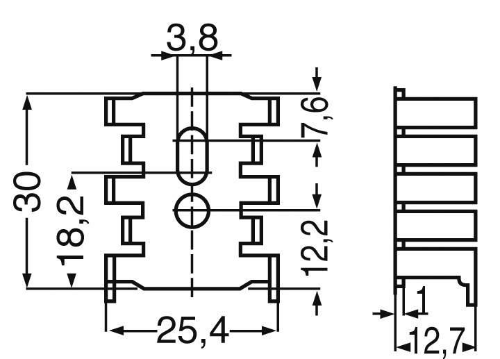 Teknisk ritning av en kylkropp med mått: höjd 30 mm, bredd 25,4 mm, djup 12,7 mm och lamellmellanrum.