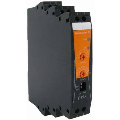 En svart, rektangulär elektronisk enhet med orange frontpanel, två vridreglage och en switch. Märkt med 'Weidmüller'.