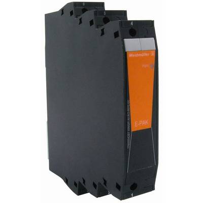 Svart hutskenemodul från Weidmüller, modell 'E-PAK', med orange etikett. Elektronisk enhet för montering i elskåp.