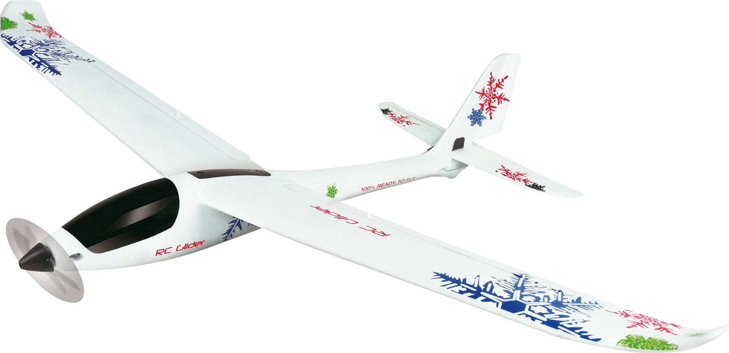 Ett vitt fjärrstyrt flygplan med röda och blå mönster på vingarna, står på en ljus yta.