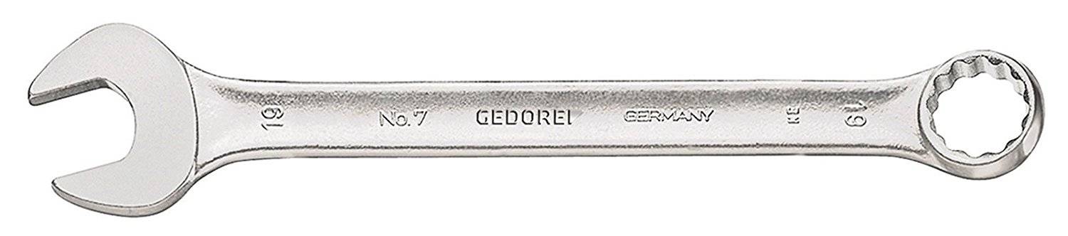 Gedore gaffelnyckel, en sida öppen, den andra ringformad, storlek 19, av metall, med inskription 'Gedore Germany'.