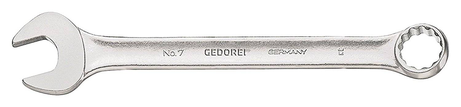 En silverfärgad gaffelnyckel med påskriften 'GEDORE, No. 7, GERMANY'.