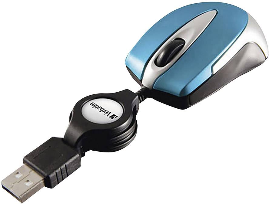 Blå, kabelansluten USB-datormus med utdragbart kabel och scrollhjul.