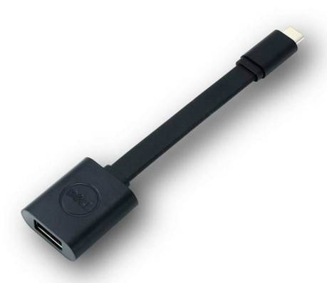 Svart USB-C till USB-A-adapter från Dell, kompakt och bärbar, för att ansluta enheter med olika USB-portar.
