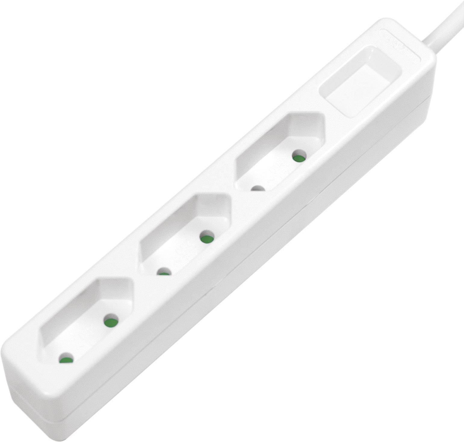 Trippeluttag, vit, med skyddsjordade uttag för anslutning av flera elektriska apparater.