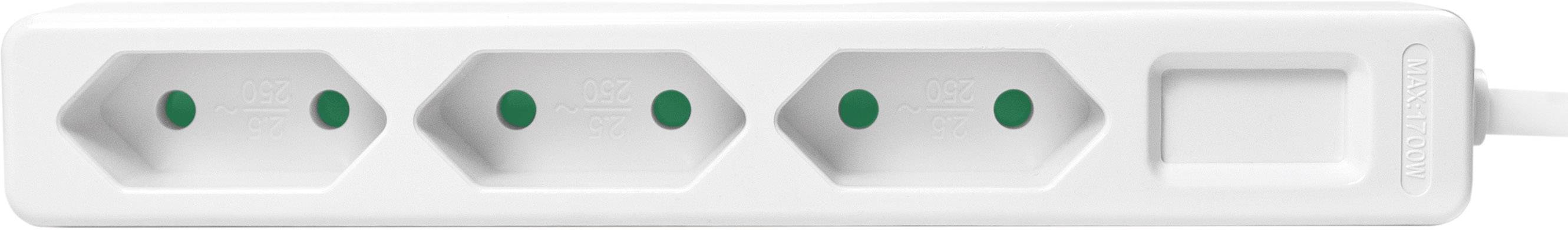 Trippel eluttag i vitt utan anslutande kabel med tre uttag och en strömbrytare på höger sida.