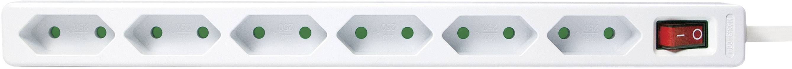 En vit grenuttag med sex uttag och en röd på/av-switch till höger.