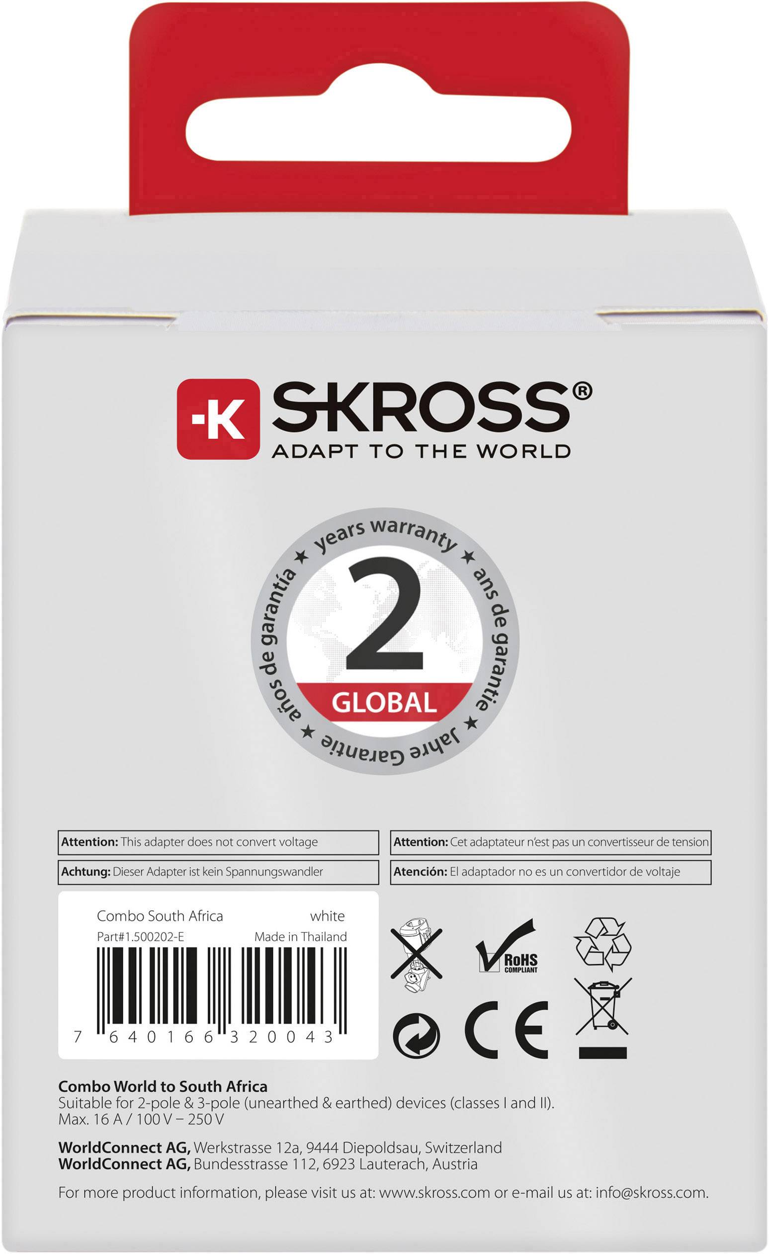 Baksida av en adapterförpackning med logotyp 'SKROSS'. Information: '2 års garanti'. Varningar på flera språk. Symboler för säkerhet och certifiering.