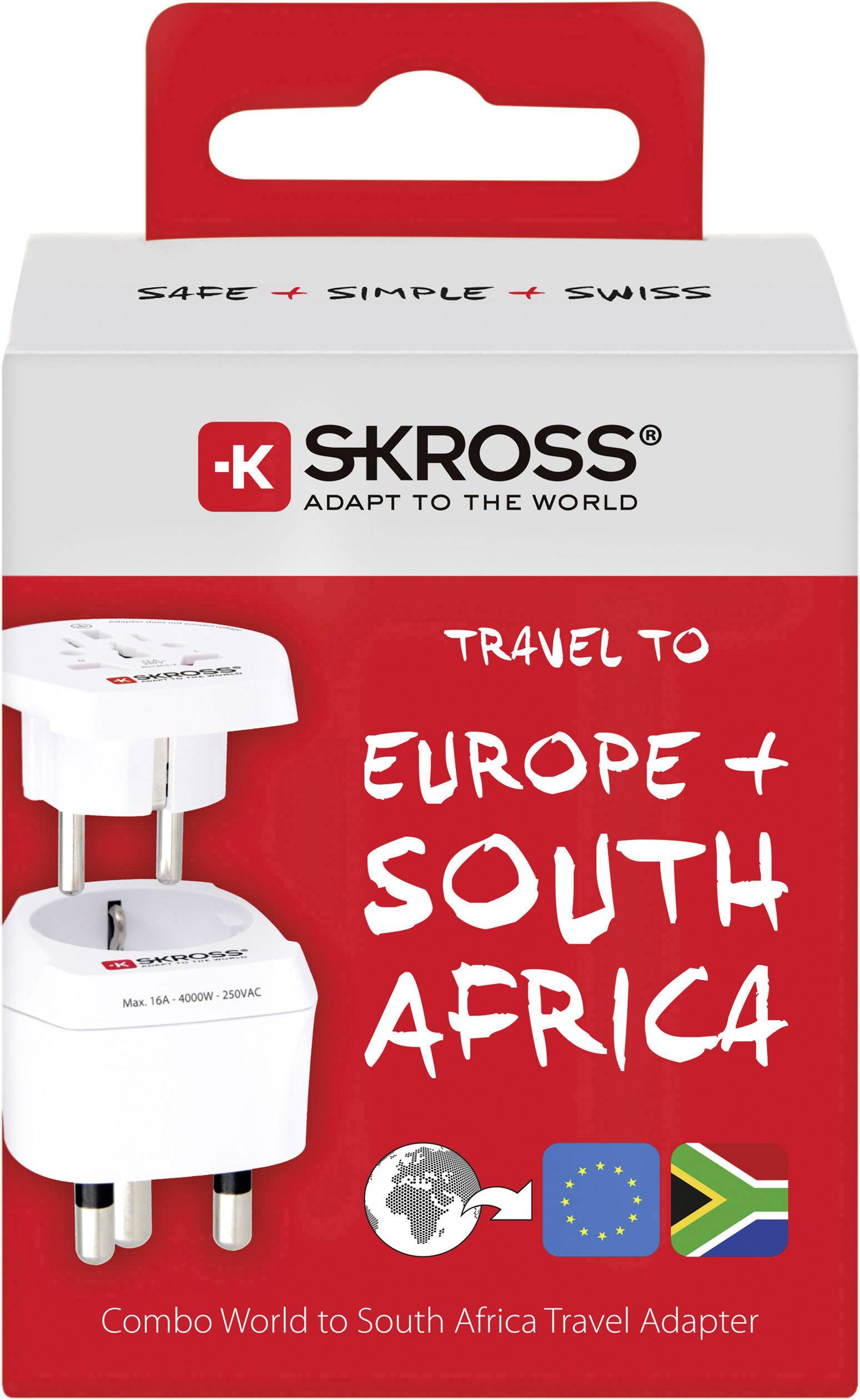 Reseadapter från SKROSS med europeiska och sydafrikanska kontakttyper, lämplig för resor till Europa och Sydafrika.