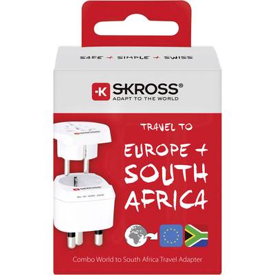 Reseadapter från SKROSS med europeiska och sydafrikanska kontakttyper, lämplig för resor till Europa och Sydafrika.