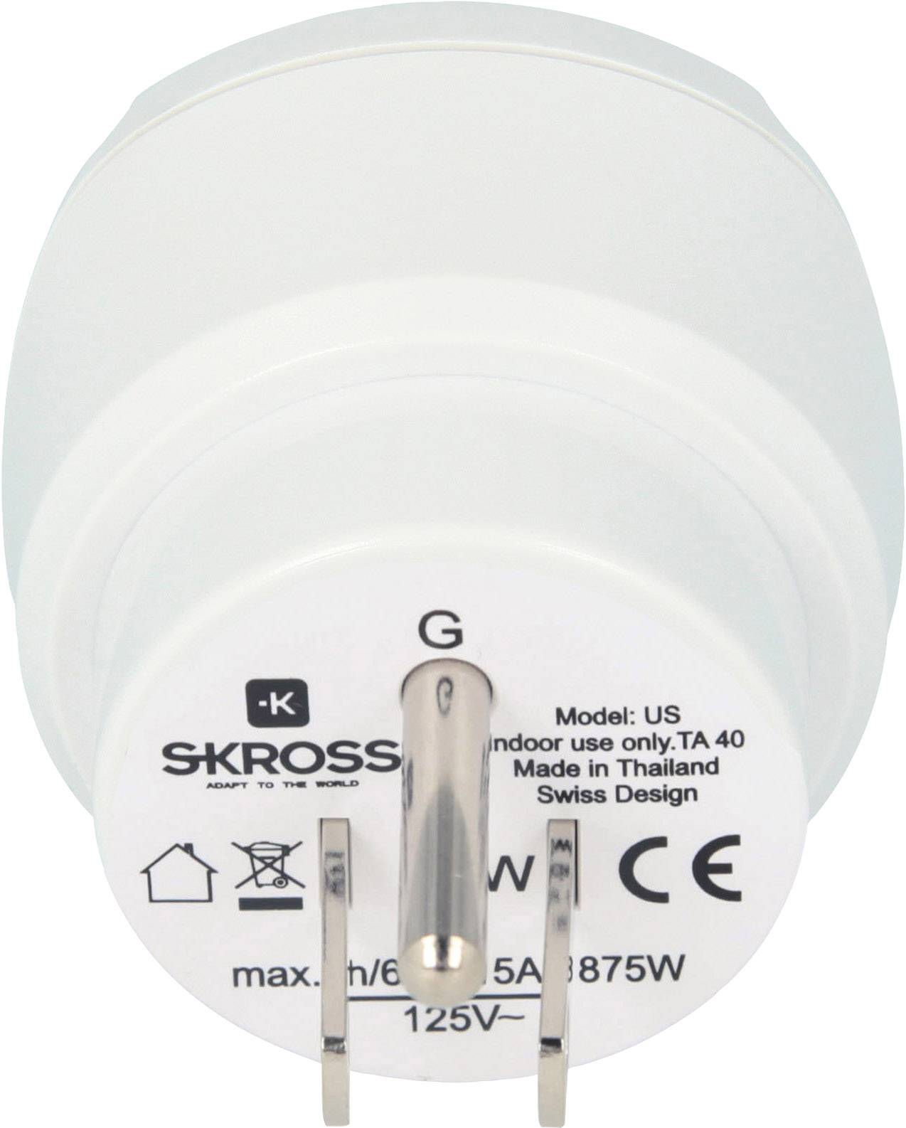 Reseadapter med två platta stift, lämplig för US-kontakter. Märkt 'SKROSS', passar för 125V, maximalt 6A, 1875W.