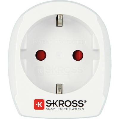 En vit adapter för eluttag med två runda öppningar och en jordningskontakt. Märke 'SKROSS' och slogan 'Adapt to the world'.