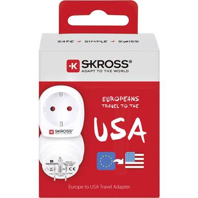 Reseadapter för européer till USA, märke Skross. Innehåller europeiska och amerikanska flaggor som symboliserar länderna.