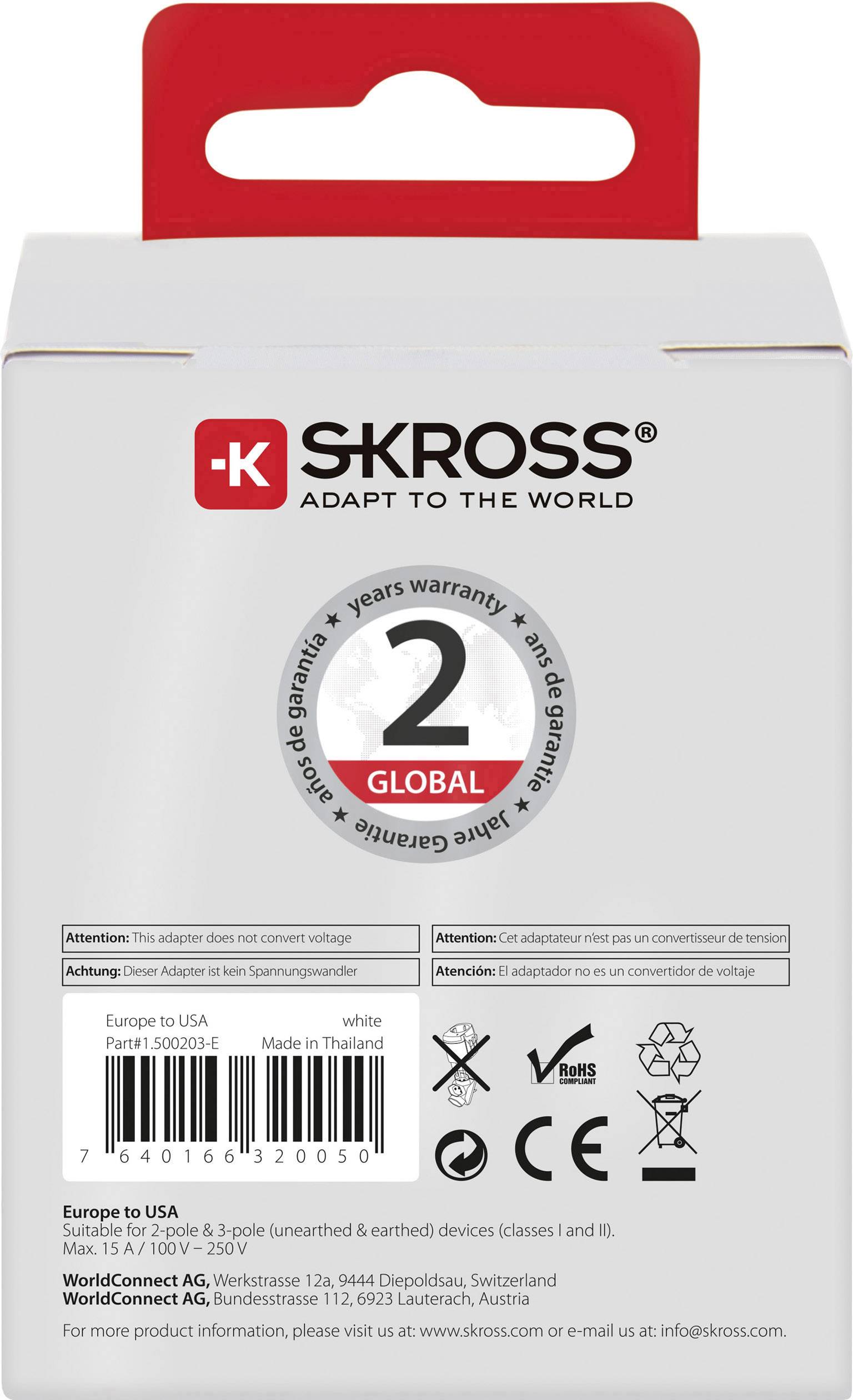 'SKROSS' Adapter förpackning med global 2-årig garanti, kompatibel med USA, ingång 100V-250V, tillverkad i Thailand.