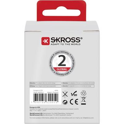 'SKROSS' Adapter förpackning med global 2-årig garanti, kompatibel med USA, ingång 100V-250V, tillverkad i Thailand.