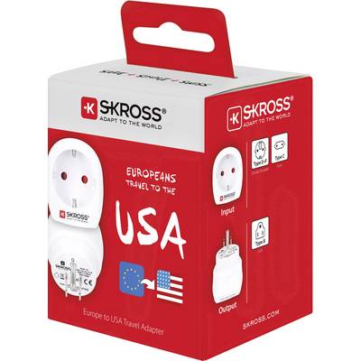 Reseadapter för européer till USA. Förpackningen visar Typ B-kontakt och Typ E/F-ingång med europeisk och amerikanska flaggan.