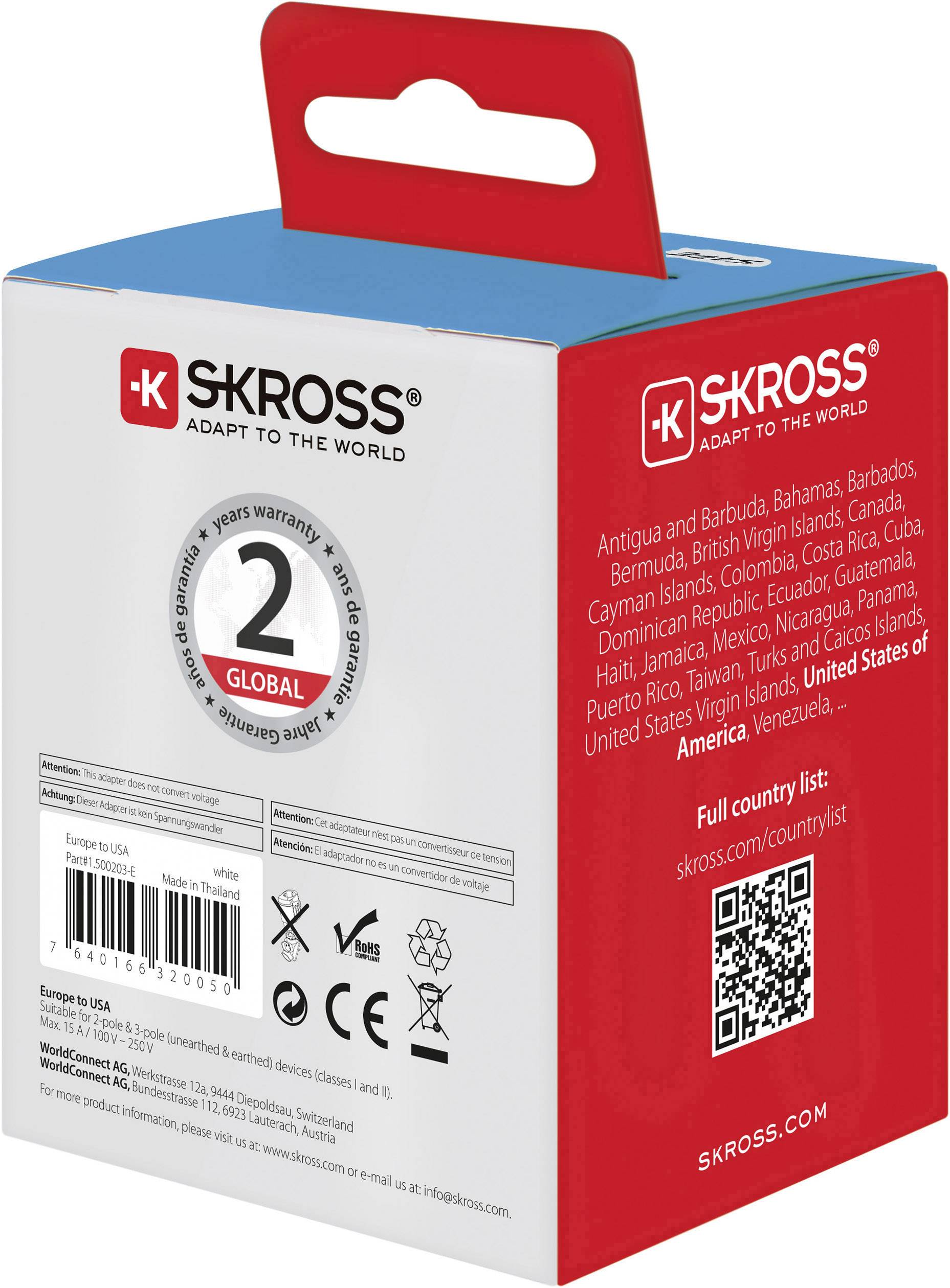 Förpackningen till en SKROSS-reseadapter visar kompatibilitet i över 150 länder. Innehåller QR-kod för fullständig länderlista.