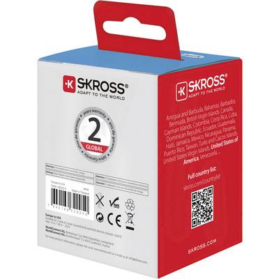 Förpackningen till en SKROSS-reseadapter visar kompatibilitet i över 150 länder. Innehåller QR-kod för fullständig länderlista.