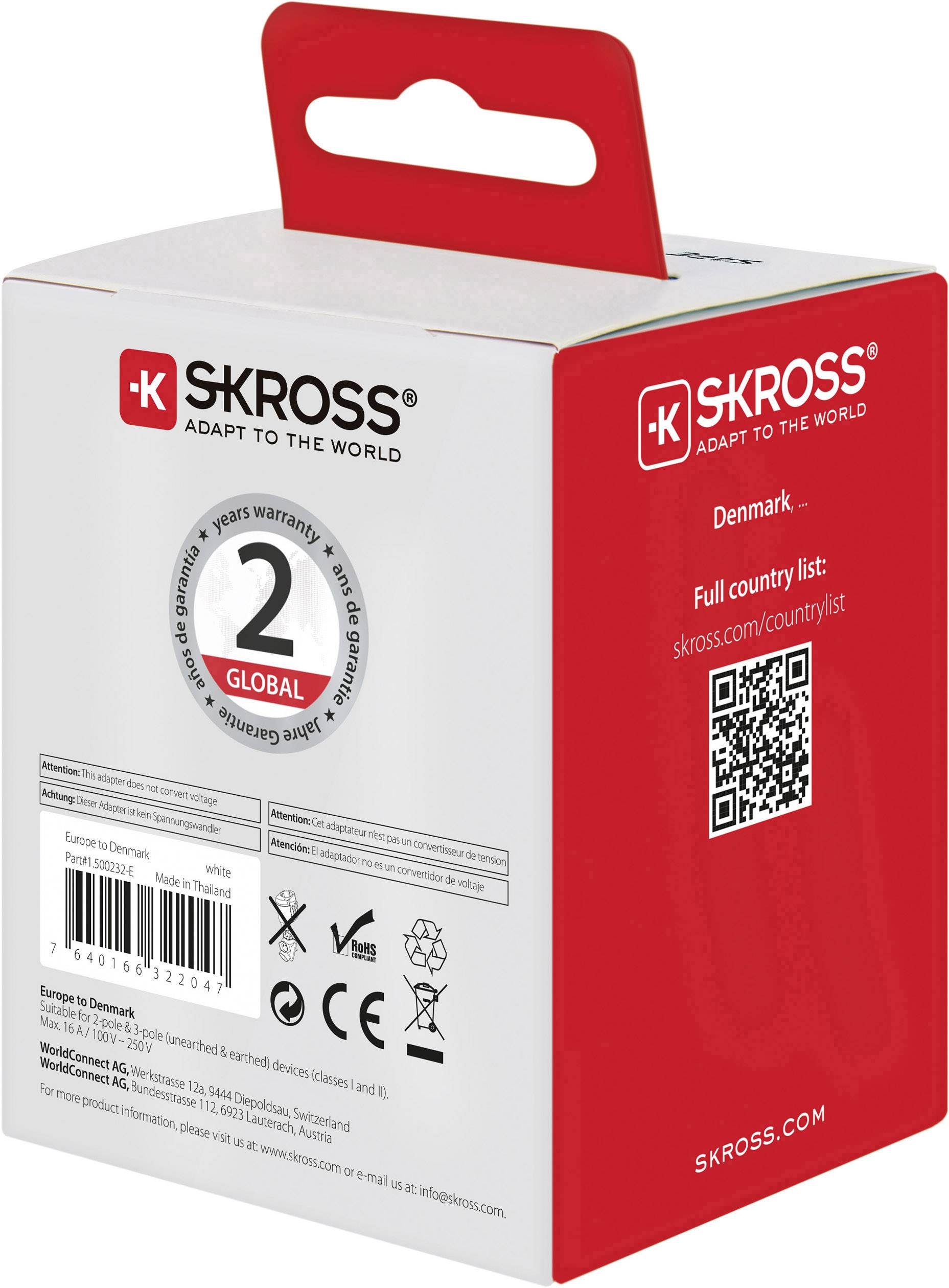 'SKROSS Adapter för Danmark, Global 2. Produktförpackning med QR-kod till länderlistan. Adapt to the World.'