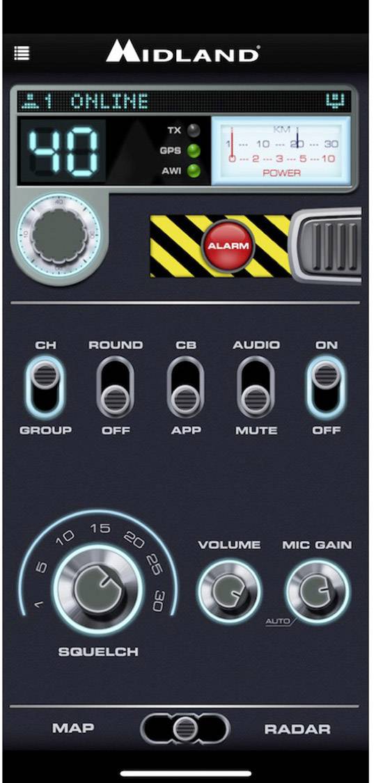 Midland-radioapparat-panel med display som visar '01 Online' och numret 48. Olika knappar och reglage för volym och inställningar.