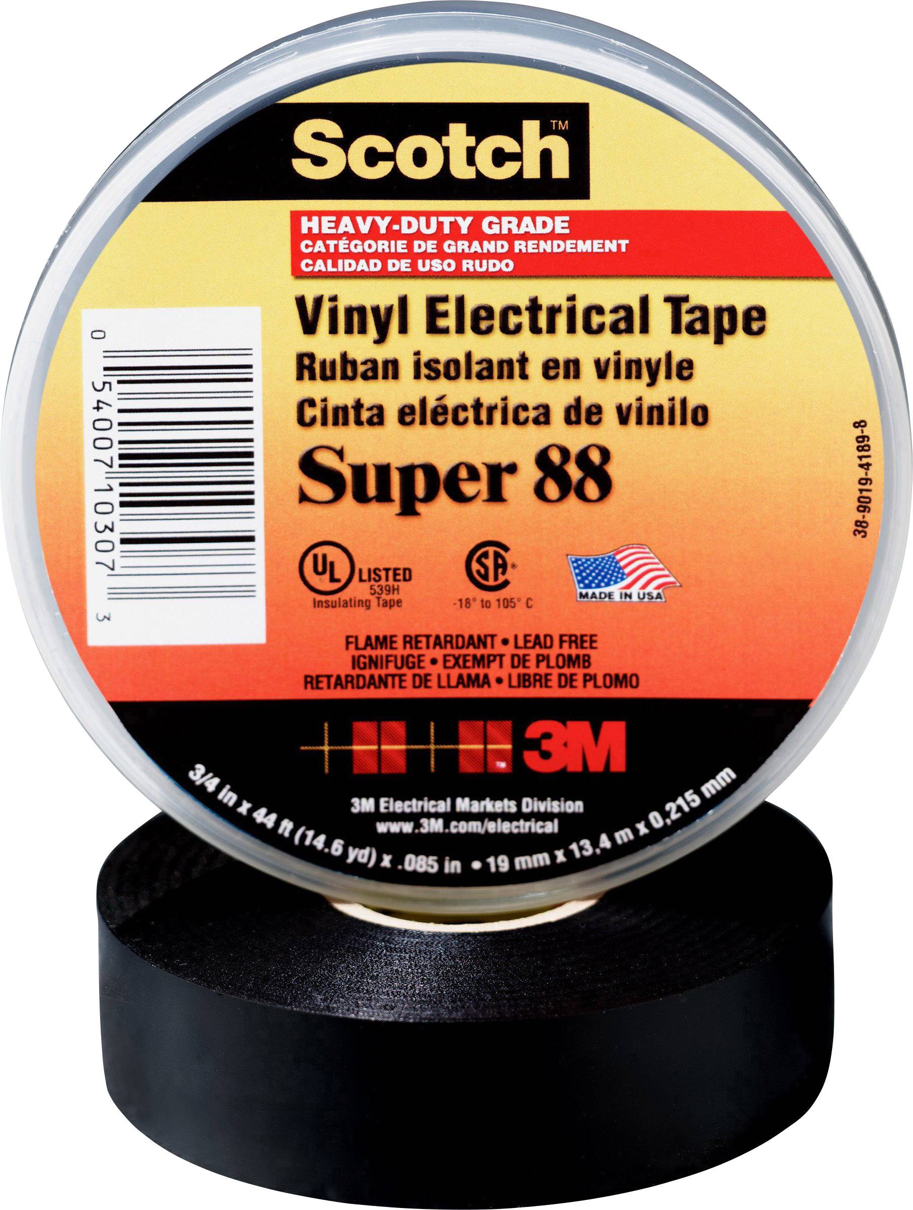 'Scotch Super 88', Vinyl-elband, svårantändlig, svart, hög kvalitet, UL-certifierad, 19 mm x 20,1 m.