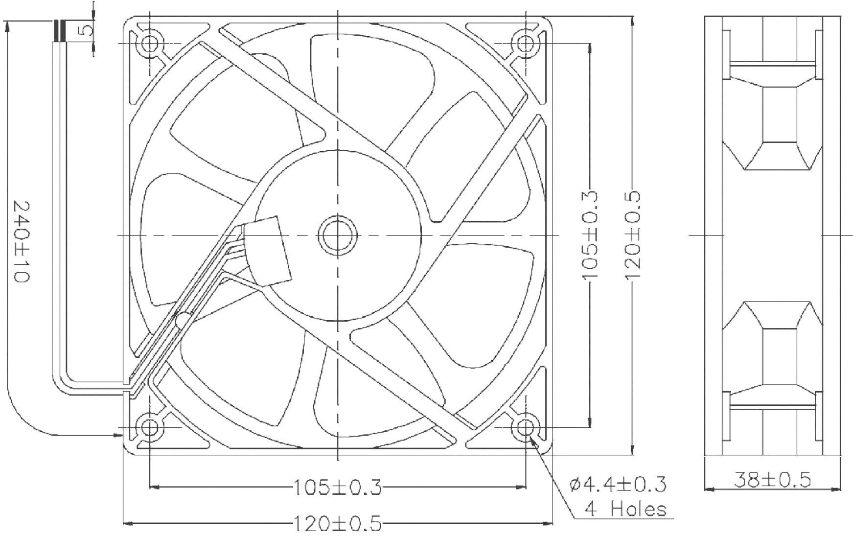 Teknisk ritning av en kvadratisk fläkt med dimensioner: 120x120x38 mm; borrhål Ø4,4 mm. Vyer framifrån och från höger.