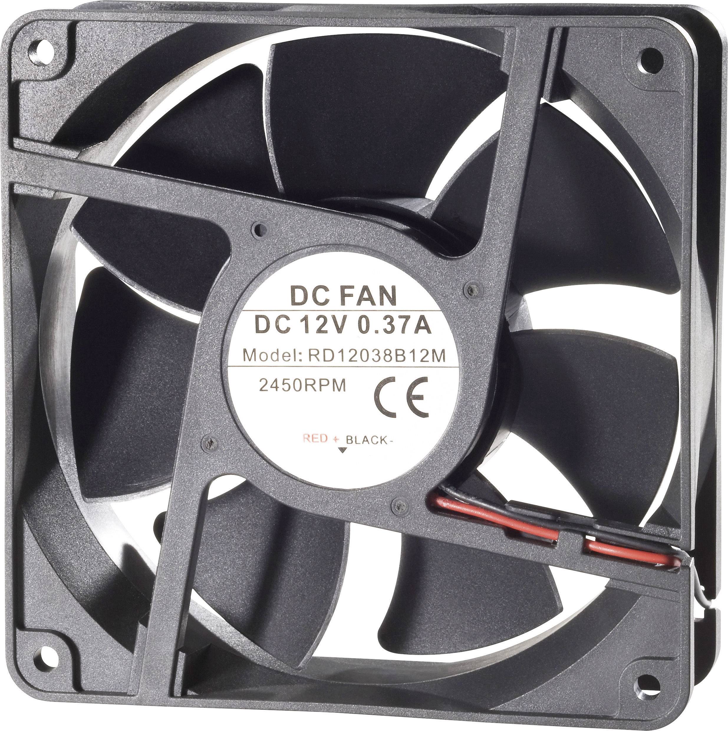 En svart datorfläkt märkt 'DC FAN DC 12V 0.37A Model: RD12038B12M 2450RPM'. Fläktblad synliga.