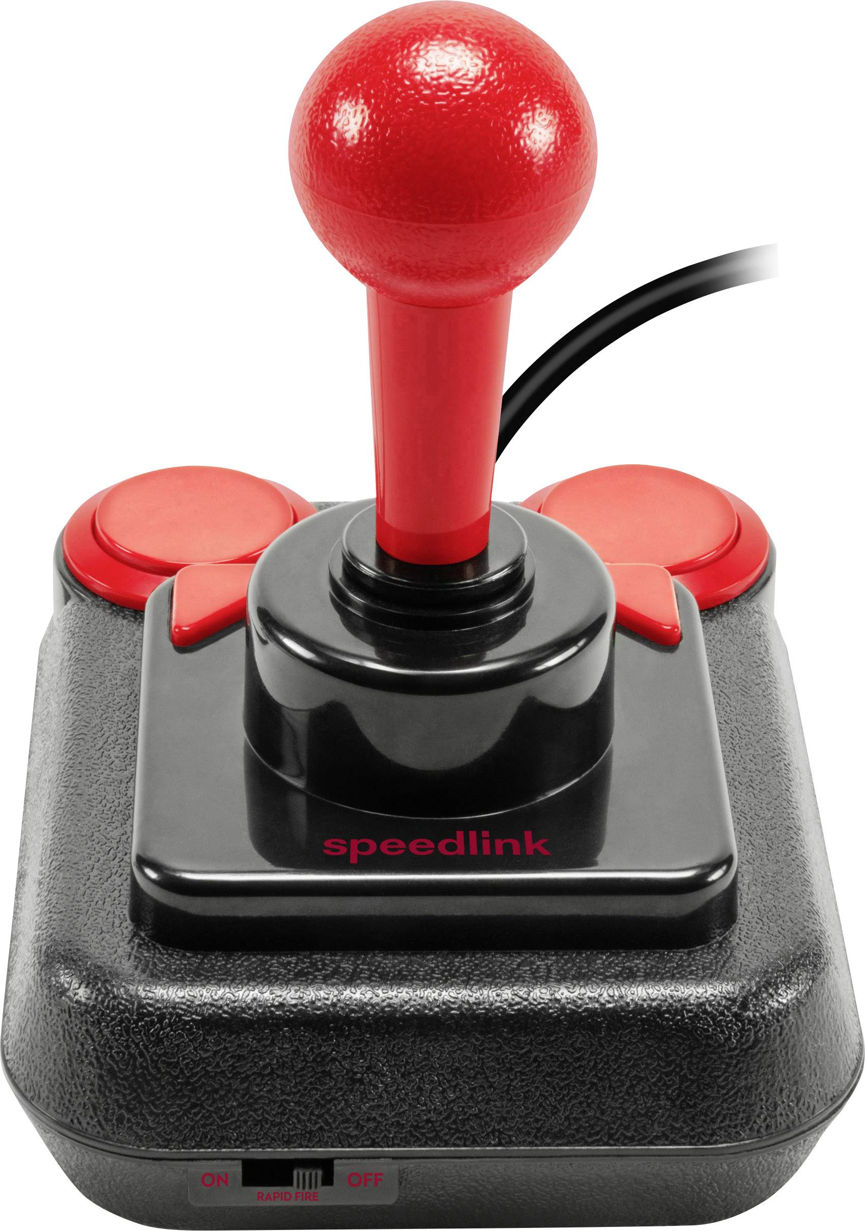 En röd joystick med två röda knappar på en svart bas. Kabel ansluten. Texten 'speedlink' på framsidan.