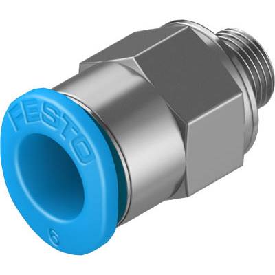 En silver pneumatisk anslutning med en blå plastring, märkt med 'FESTO', visar gänga med sexkantig ansats.