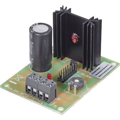 En grön kretskort med en kylprofil, kondensator och stift. Märkning: 'Spänning 1-35V, Max: 1A'. Elektronisk komponent.