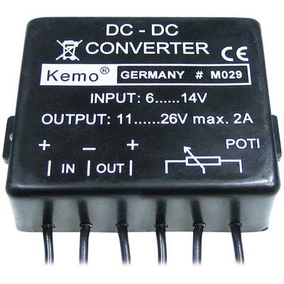 DC-DC-omvandlare från Kemo, ingång 6-14V, utgång 11-26V, max. 2A. Svart hölje med anslutningar och inställning för potentiometer.