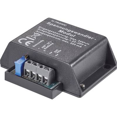 Spänningsomvandlarmodul. Visar ingångs- och utgångsspänning: 12-24V och 1,5-30V. Maximal ström: 500mA. Avbildad med anslutningsklämmlist.