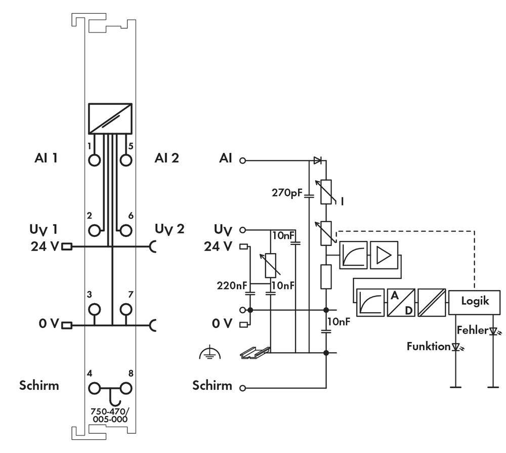Kopplingsschema visar elektronisk krets med två ingångar, Uv 24V, logiska element, funktions-/felindikator och anslutningar.