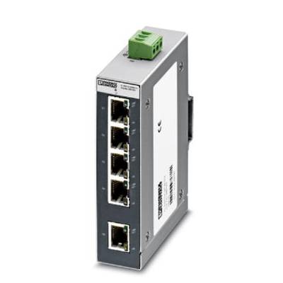 En Ethernet-switch med fem nätverksportar i ett grått hölje. På ovansidan finns en grön strömkontakt.