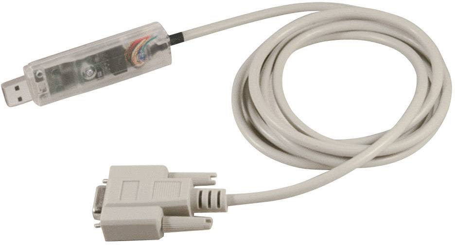 Ett seriellt USB-till-RS232-kabel för anslutning av datorer med äldre enheter; genomskinlig USB-kontakt, grått kabel.