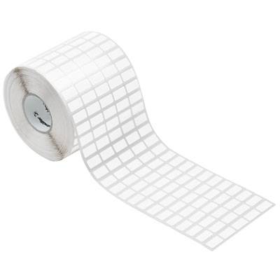 Rulle med vita klistermärken, redo att tas av och klistras på. Perfekt för märkning och organisering.
