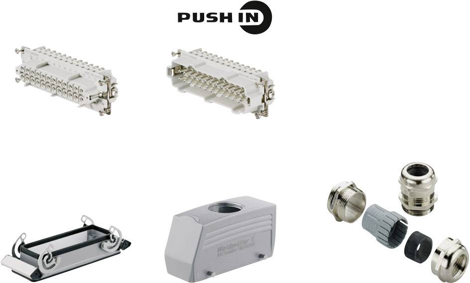 'Push-in' anslutningselement och tillbehör, inklusive klämmor, höljen och kabelförskruvningar, på vit bakgrund.