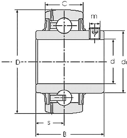 Teknisk ritning av ett lager med etiketter: C, D, m, d, s, B. Visar schematisk representation av dimensioner och komponenter.