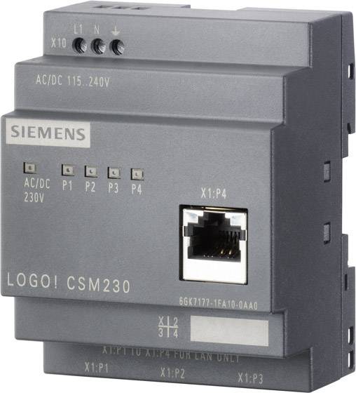 En grå Siemens LOGO! CSM230-modul med Ethernetanslutning och flera LED-indikatorer, används för nätverksanslutning inom industriell styrning.
