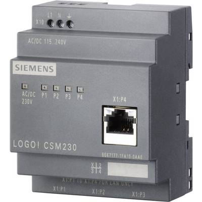 En grå Siemens LOGO! CSM230-modul med Ethernetanslutning och flera LED-indikatorer, används för nätverksanslutning inom industriell styrning.
